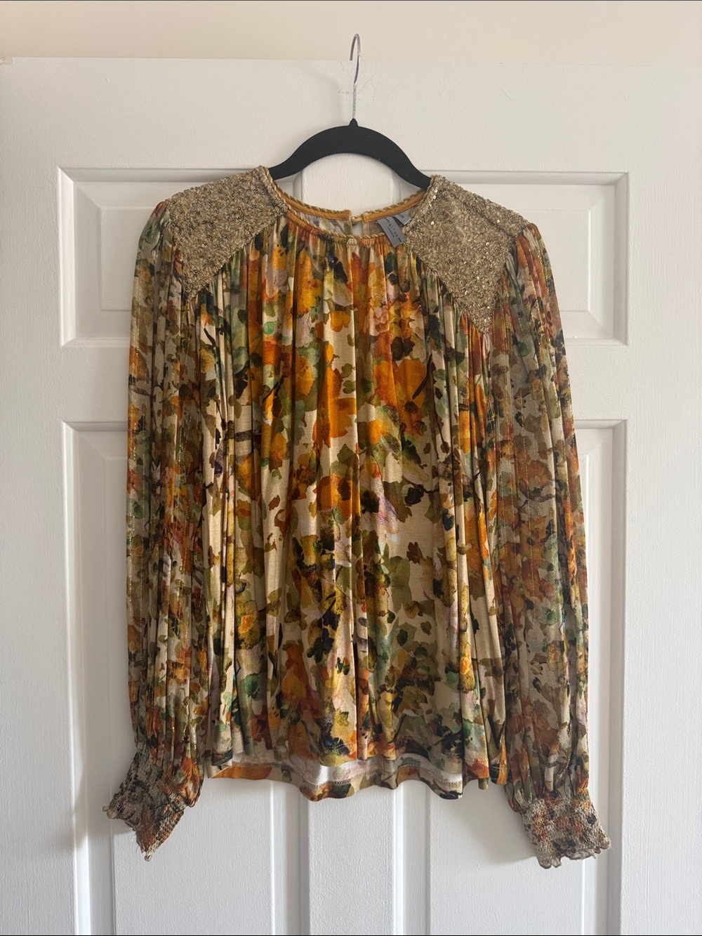 Anthropologie Floral Pleated Blouse with Gold Sequin Shoulders - Multicolor